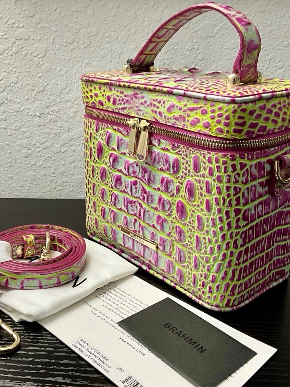 Brahmin Pink & Lime Croc-Embossed Cosmetic Case with Gold Hardware